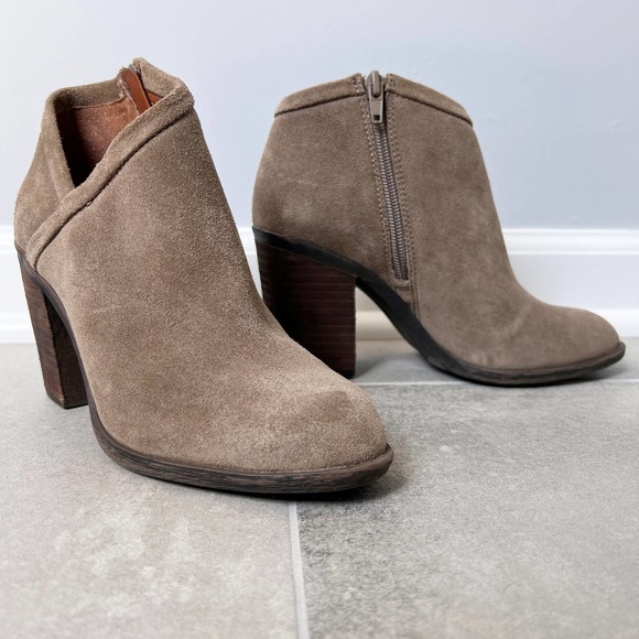 Lucky Brand Shoes - Lucky Brand LK Salza Taupe Suede Heeled Ankle Boots Booties Stacked Heel 5.5